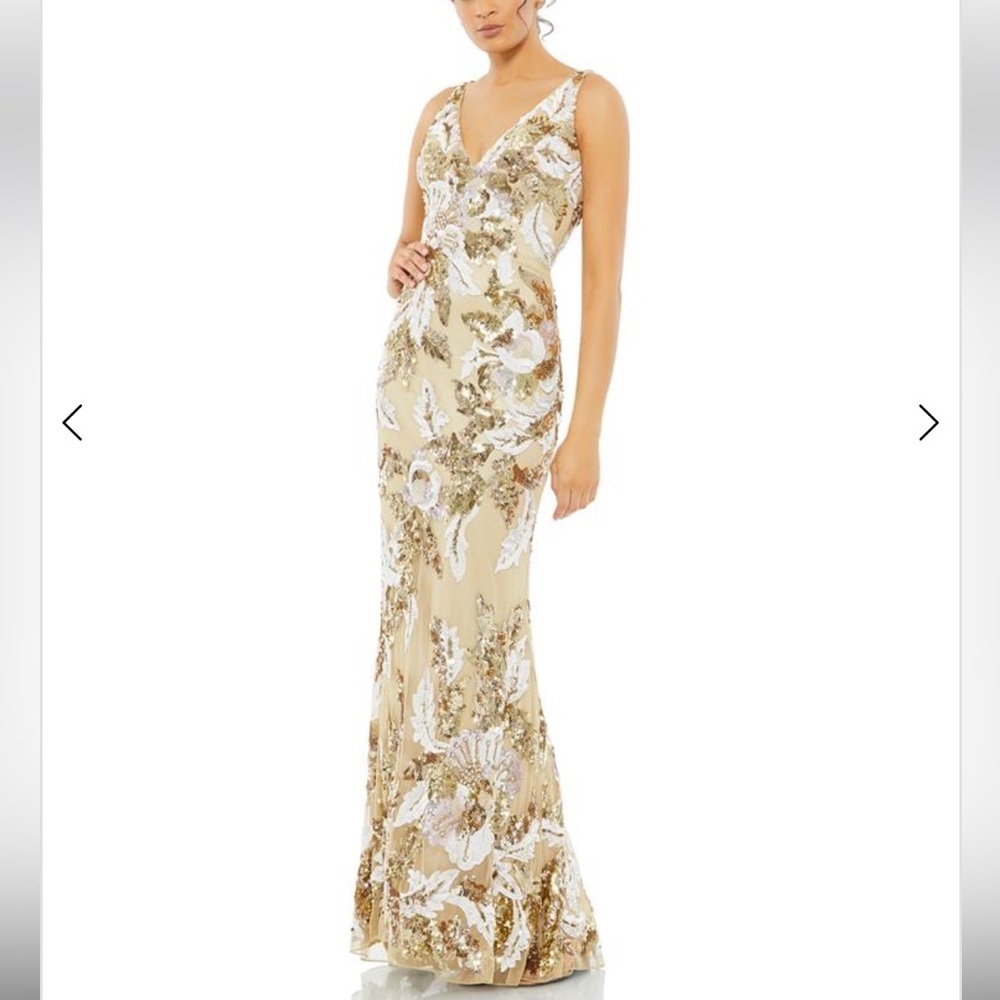 Mac Duggal Gold and White Sequin Floral Evening Gown